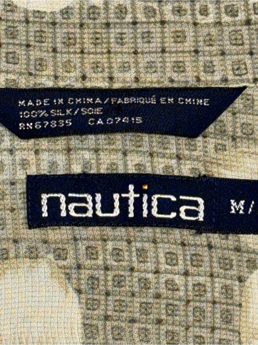 Nautica Men's Medium 100% Silk Beige and White Floral Camp Shirt - Picture 2 of 4